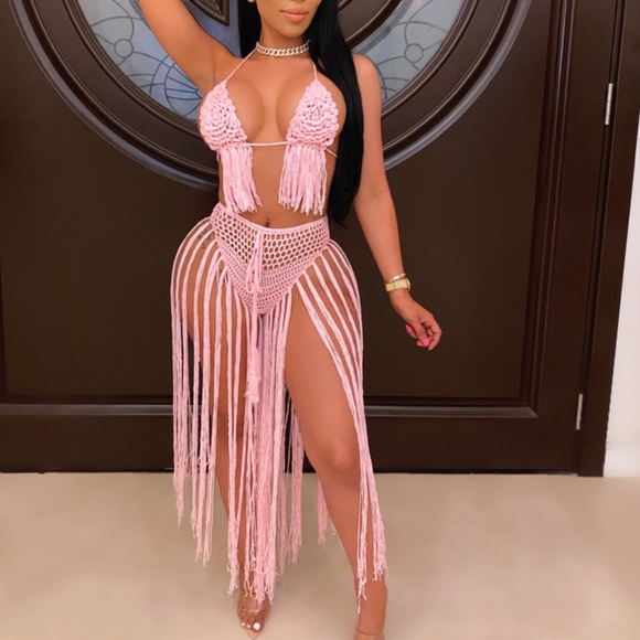 2 PIECE CO ORD SET PINK CROCHET TOP & SKIRT SET HAND KNIT CROCHET BIKINI SKIRT - Picture 2 of 5